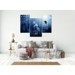 Модульная картина из 3-х частей, синего цвета, волки в ночном лесу  - Модульная картины, Репродукции, Декоративные панно, Декор стен