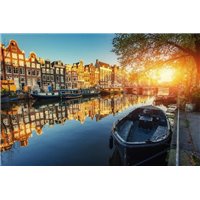 Лодки на канале - Фотообои Старый город|Амстердам