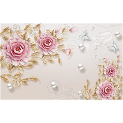Розовые розы с белым жемчугом - 3D фотообои - Модульная картины, Репродукции, Декоративные панно, Декор стен