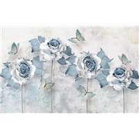 Портреты картины репродукции на заказ - Голубые розы с бабочками - 3D фотообои|3Д обои для зала