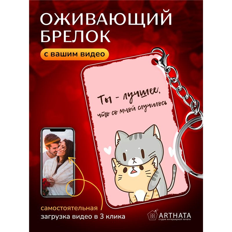 Подарок для девушки оживающий брелок Валентинка "Котики"