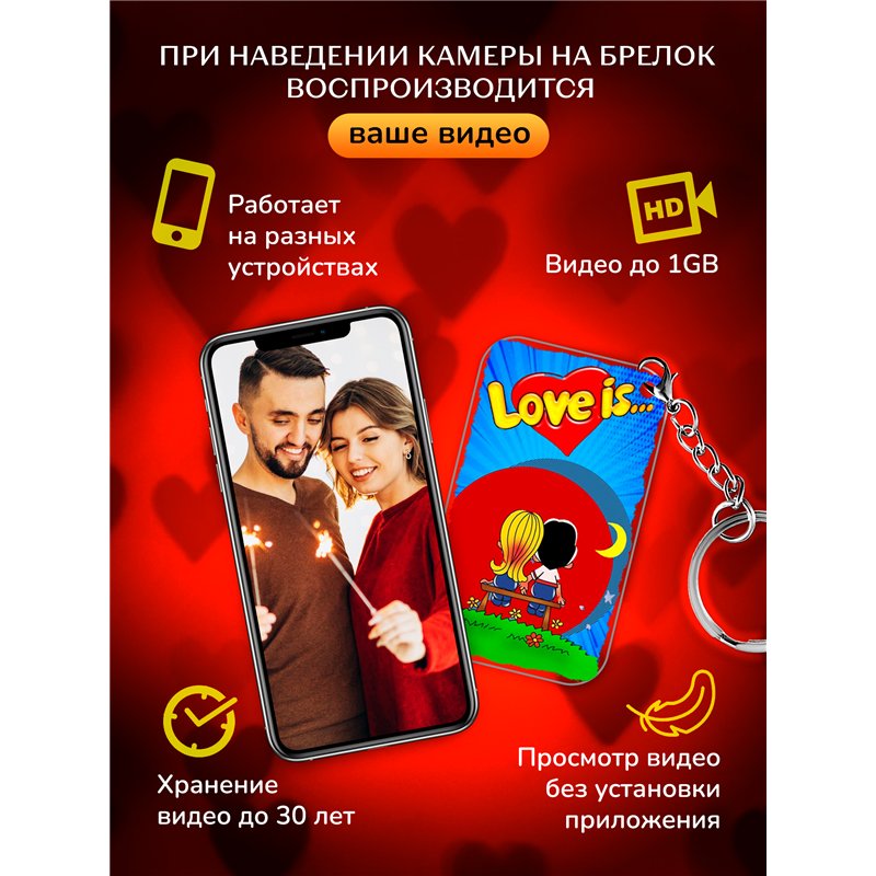 Подарок любимому оживающий брелок с видео Валентинка Love is