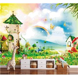 Фотообои в детскую герои сказок, город гномов, радуга 500 x 270см - Обои винил на флизелине моющиеся для девочки или мальчика.
