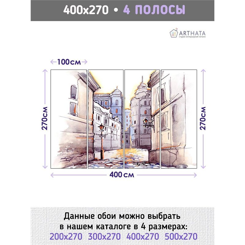 Фотообои 3d на стену - фреска города, рисунок, акварель - 400x270. Обои для кухни и гостинной с виниловым покрытием