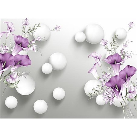 Белые шары с цветами - 3D фотообои|3D цветы