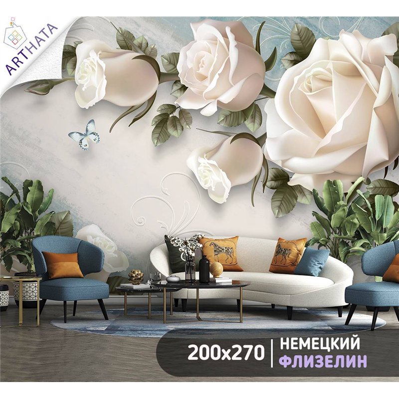 Фотообои на стену детские - белые цветы - 200 x 270см - Обои винил на флизелине моющиеся для девочки или мальчика.