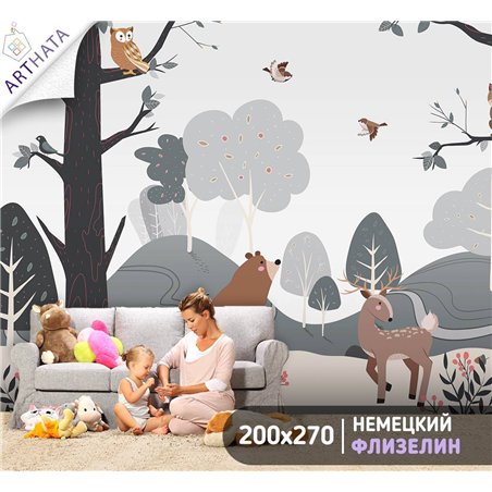 Фотообои на стену детские - лес - 200x270. Обои винил на флизелине моющиеся для девочки или мальчика.