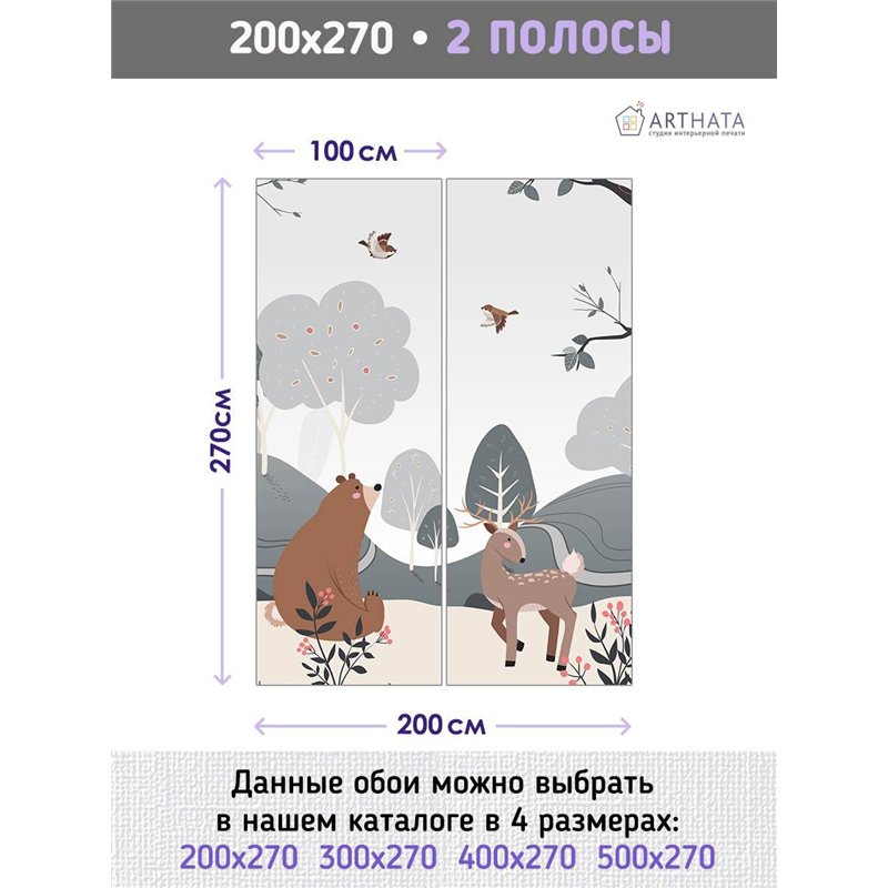 Фотообои на стену детские - лес - 200x270. Обои винил на флизелине моющиеся для девочки или мальчика.