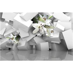 Белые кубы с цветами - 3D фотообои|3Д обои для зала