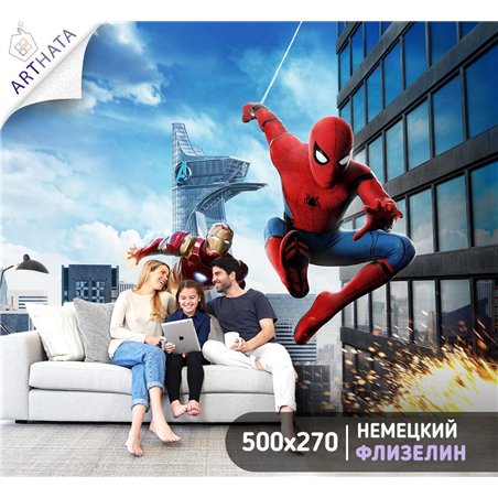 Фотообои в детскую - нью йорк супергерои желечный челове и человек паук - 500 x 270. Обои винил на флизелине моющиеся для девочк