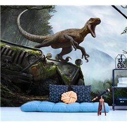 Фотообои в детскую - тираннозавр в парке юрского периода - 500x270. Обои винил на флизелине природа, динозавр, машина, джип.