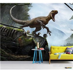Фотообои в детскую - тираннозавр в парке юрского периода - 500x270. Обои винил на флизелине природа, динозавр, машина, джип.