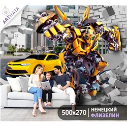 Фотообои в детскую - 3d трансформеры бамблби фантастика - 500 x 270 - Обои винил на флизелине белая кирпичная стена, комиксы, фи