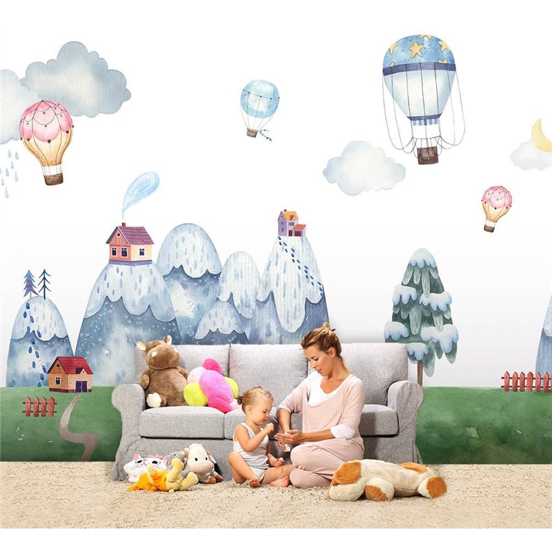 Фотообои детские - детская иллюстрация природы - 400x270. Обои винил на флизелине для мальчиков, воздушный шар, гора, лес, дома,