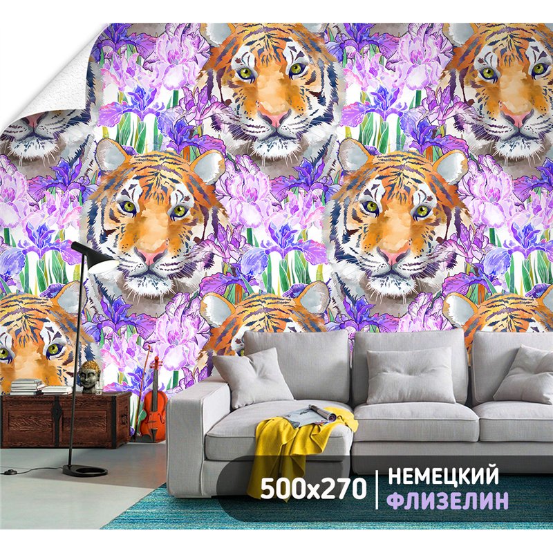 Фотообои с тигром и цветами на кухню моющиеся 500х270