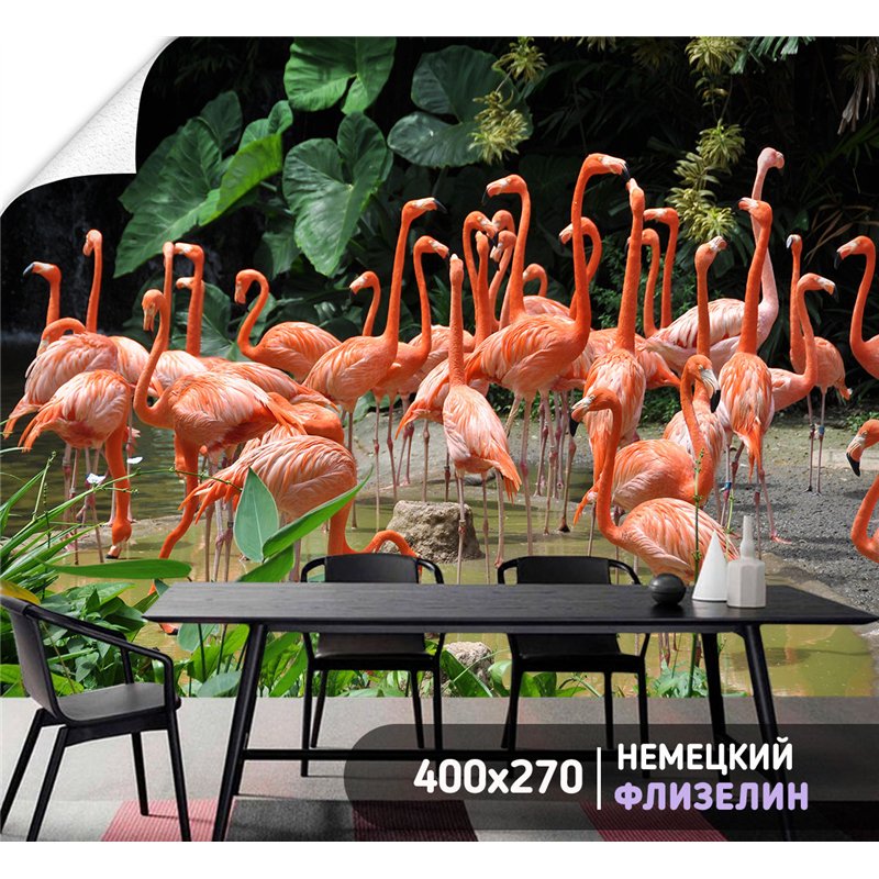 Фотообои с фламинго в тропиках 3d для зала метровые 400х270
