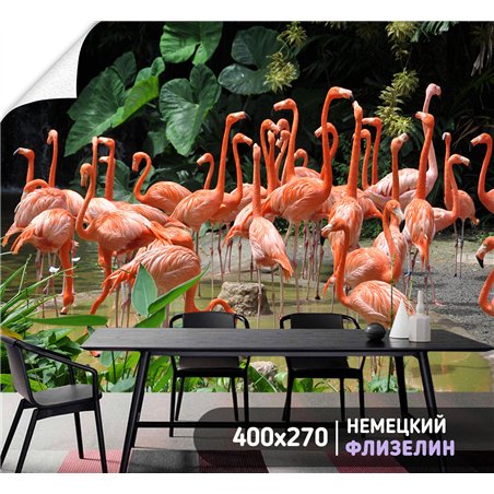 Фотообои с фламинго в тропиках 3d для зала метровые 400х270