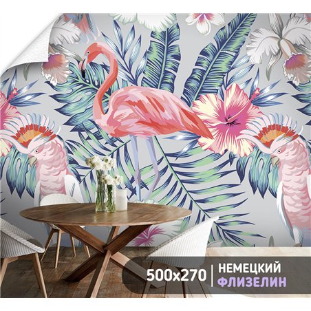 Фотообои с фламинго и цветами 3д в зал метровые 500х270