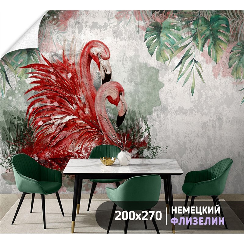 Фотообои с фламинго и цветами в коридор метровые 200х270