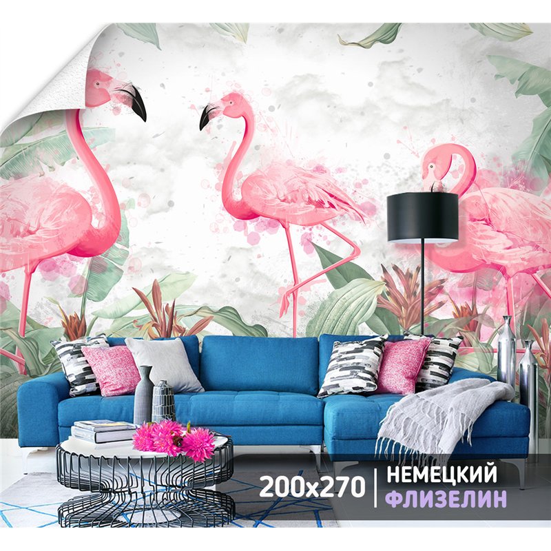 Фотообои розовые фламинго авкарель на кухню моющиеся 200х270