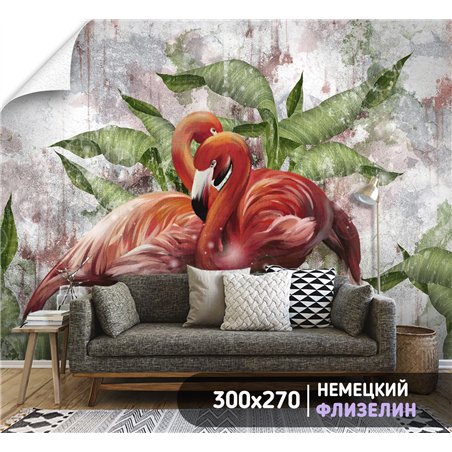 Фотообои фреска фламинго и листья для кухни 300х270