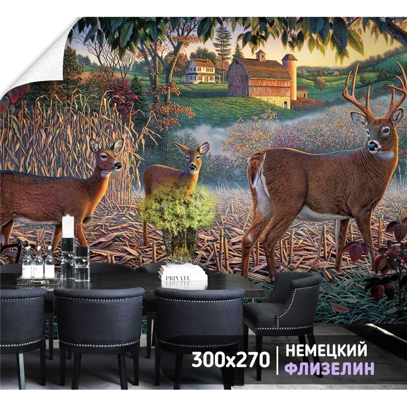 Фотообои пейзаж с оленями для спальни метровые 300х270
