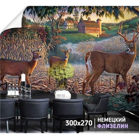 Фотообои пейзаж с оленями для спальни метровые 300х270