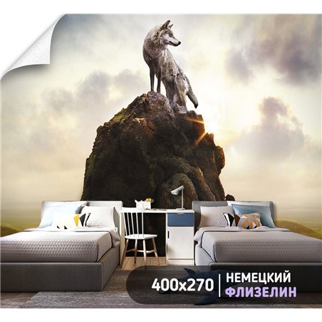 Фотообои с волком на пике горы 3d для зала метровые 400х270