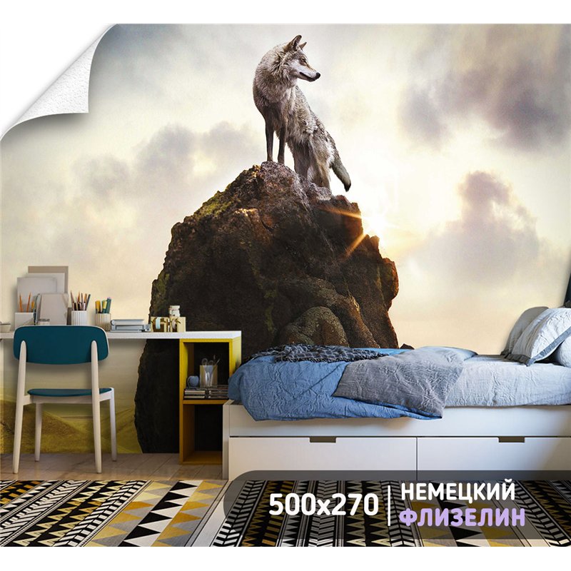 Фотообои с волком на скале моющиеся на кухню 500х270
