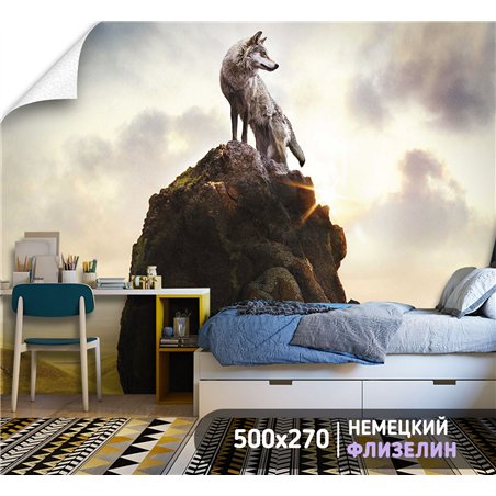 Фотообои с волком на скале моющиеся на кухню 500х270