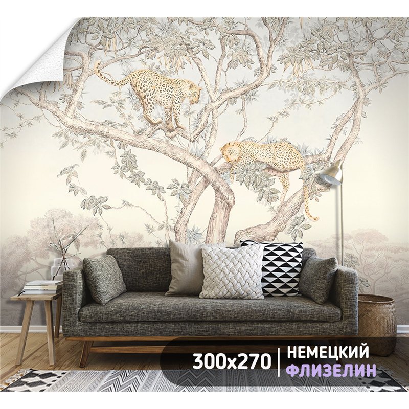 Фотообои фреска дерево и леопарды на кухню моющиеся 300х270