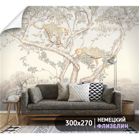 Фотообои фреска дерево и леопарды на кухню моющиеся 300х270
