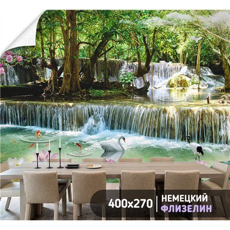 Фотообои водопад и озеро с лебедем на кухню моющиеся 400х270