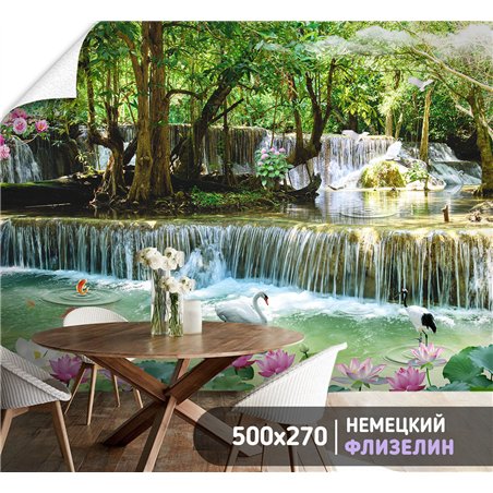 Фотообои лебедь и водопад на кухню моющиеся 500х270