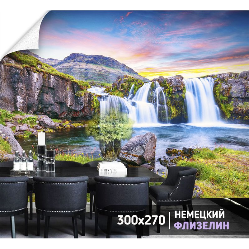 Фотообои горный водопад 3d для зала метровые 300х270