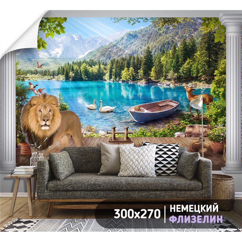 Фотообои с озеро с лодкой и причалом для кухни 300х270