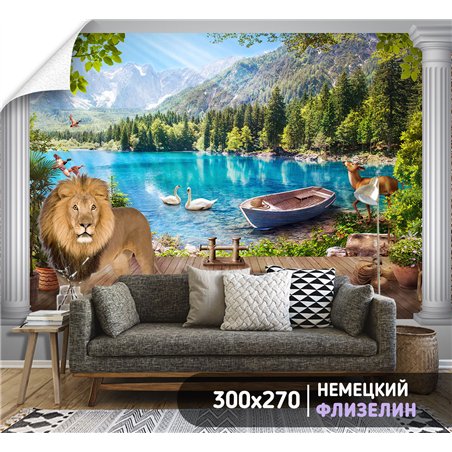 Фотообои с озеро с лодкой и причалом для кухни 300х270