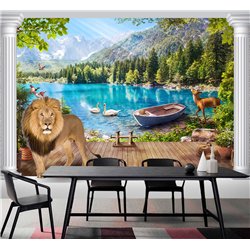 Фотообои с озеро с лодкой и причалом для кухни 300х270