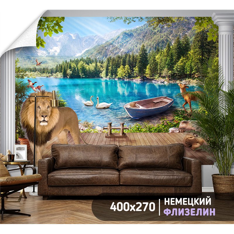 Фотообои фреска с озером и причалом на кухню 400х270