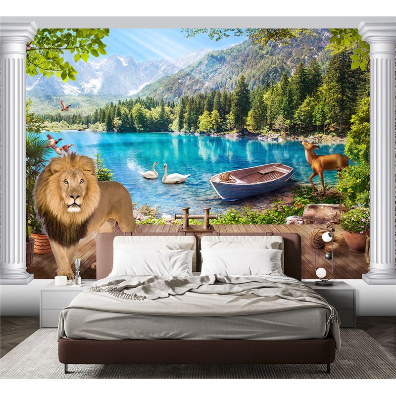 Фотообои фреска с озером и причалом на кухню 400х270