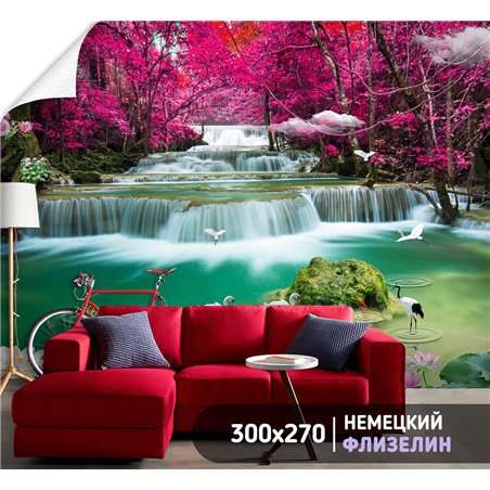 Фотообои розовый лес и водопад 3д в зал метровые 300х270