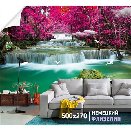 Фотообои розовые деревья и водопад в спальню 500х270
