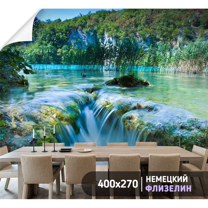 Фотообои озеро с водопадом для коридора флизелиновые 400х270
