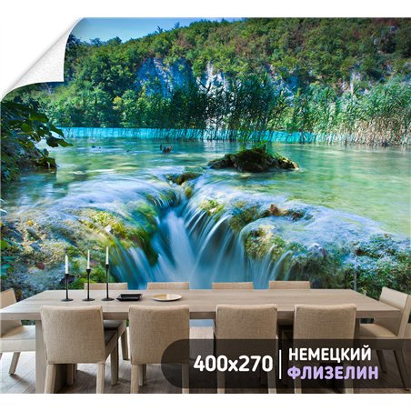 Фотообои озеро с водопадом для коридора флизелиновые 400х270