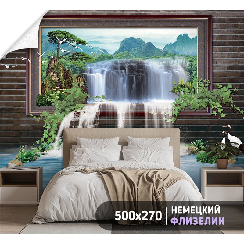 Фотообои водопад из картины для зала моющиеся 500х270