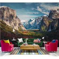Фотообои цветущая долина и горы в зал флизелиновые 300х270