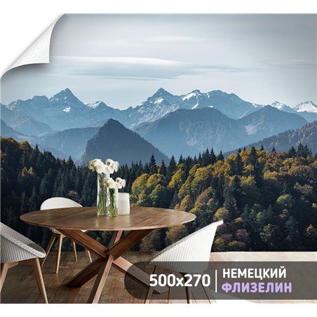 Фотообои лес и горы в лучах солнца моющиеся в кухню 500х270