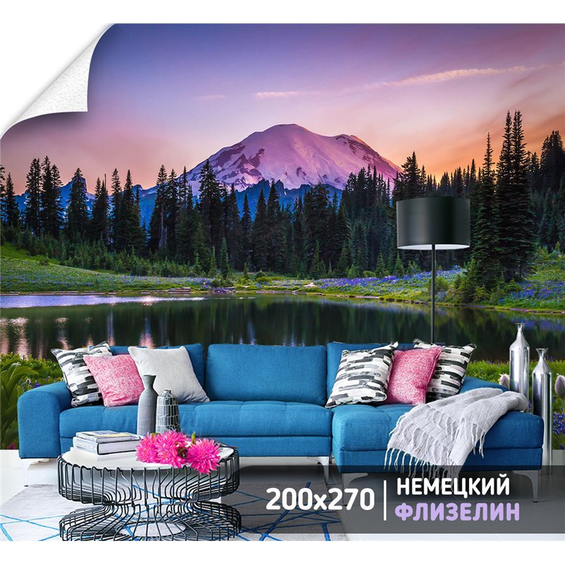 Фотообои цветущая поляна с озером на кухню 200х270