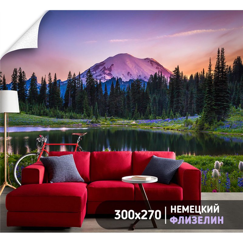 Фотообои озеро у подножья горы в спальню моющиеся 300х270