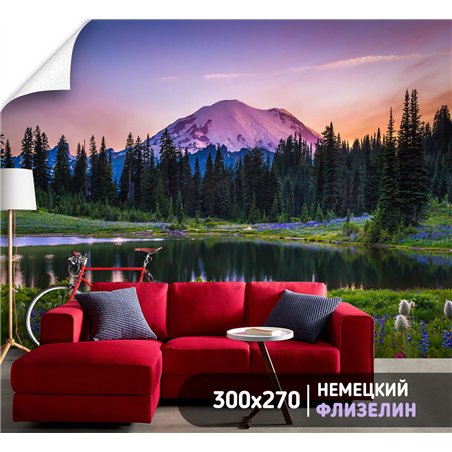Фотообои озеро у подножья горы в спальню моющиеся 300х270
